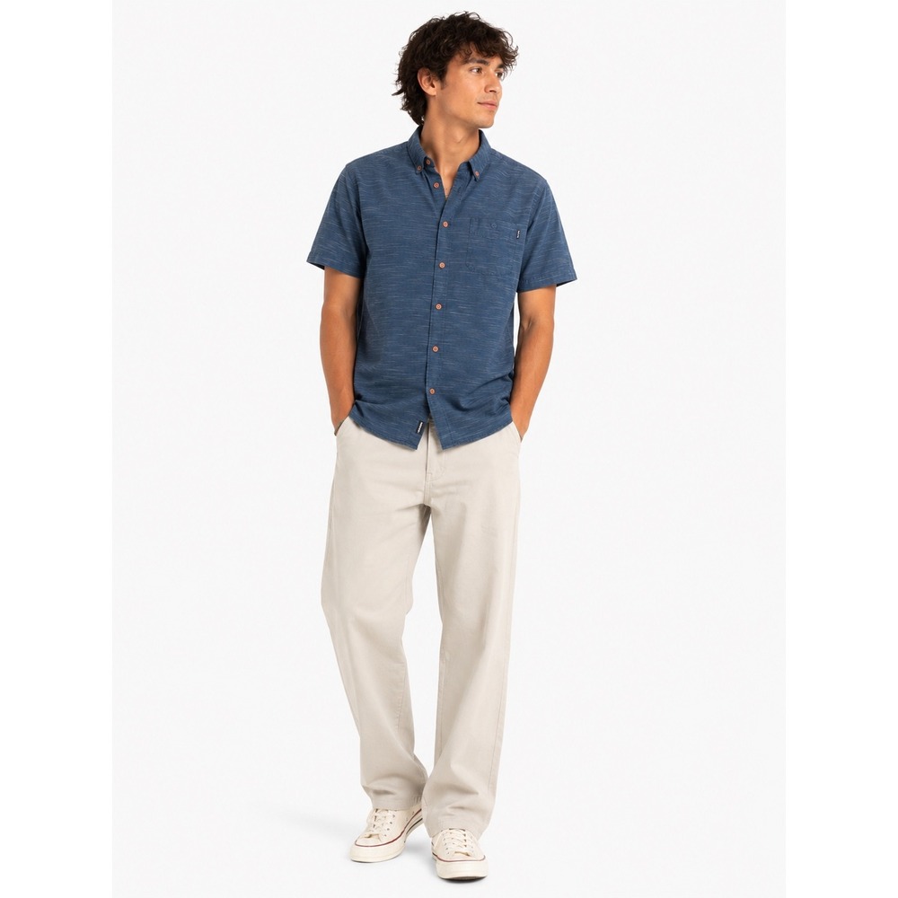 Kavu Button Down Shirt Mens L Blue Short Sleeve Slub Texture Stretch Gorpcore